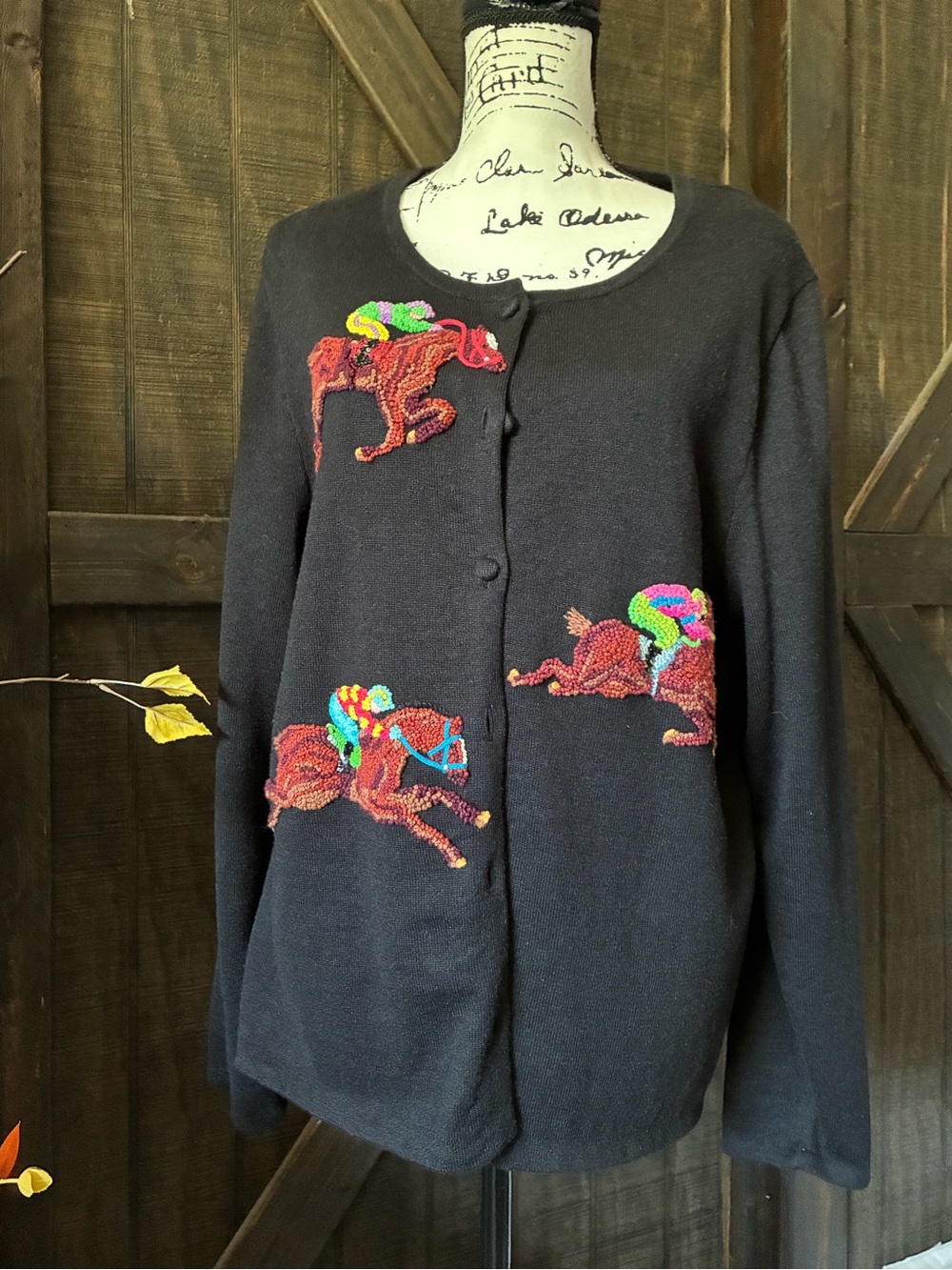Black Embroidered Racing Horse Cardigan Sweater